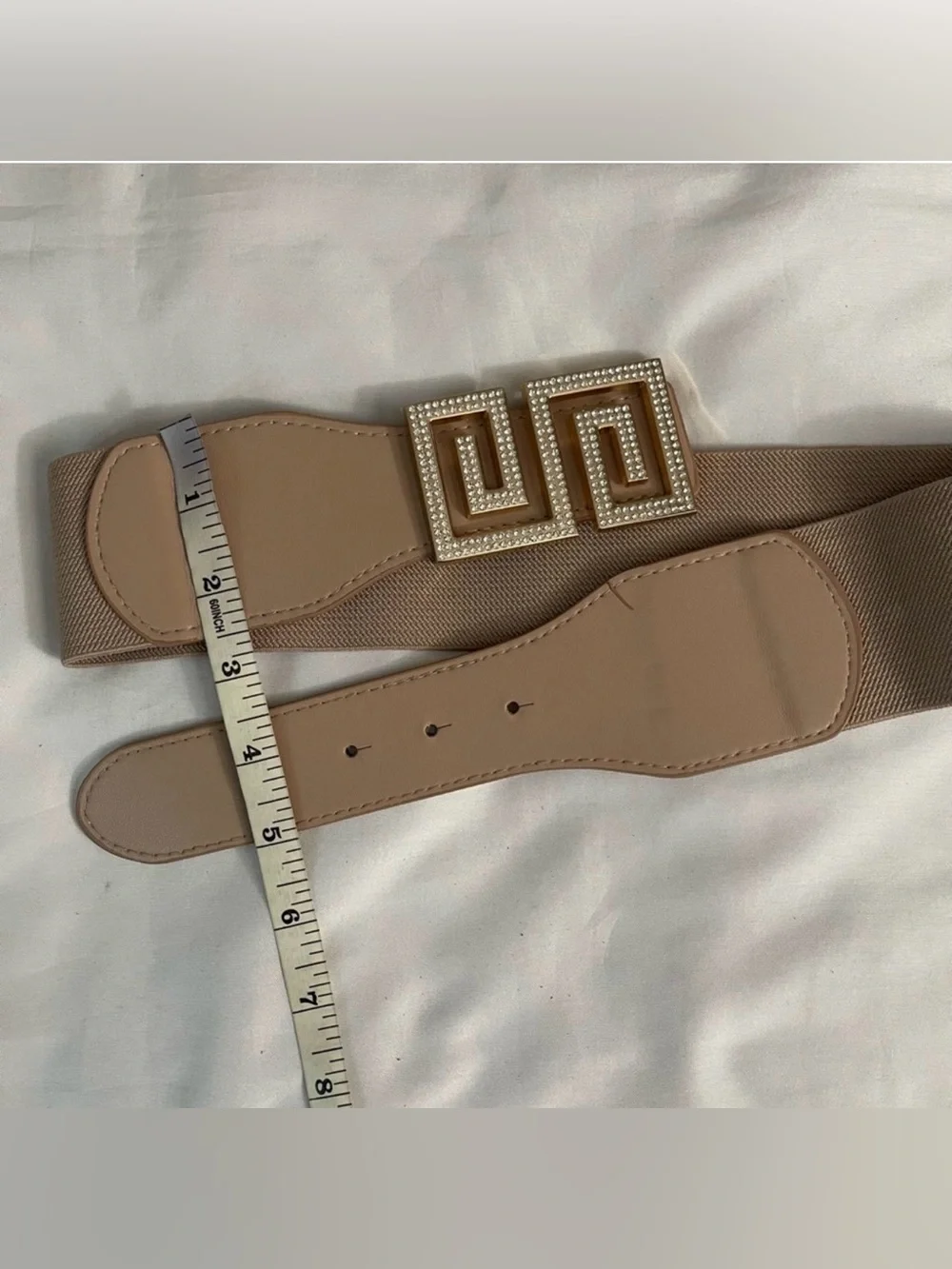 Taupe rectangle buckle with rhinestones elastic waistband belt